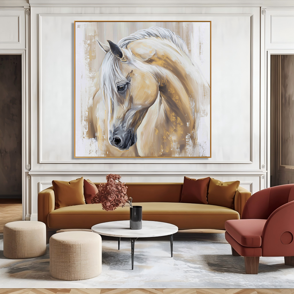 Golden Grace - Modern White Horse Portrait Oil Painting
