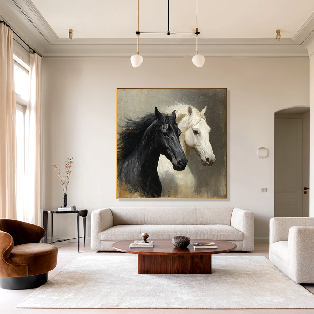 Quiet Companions - Black and White Horse Canvas Art
