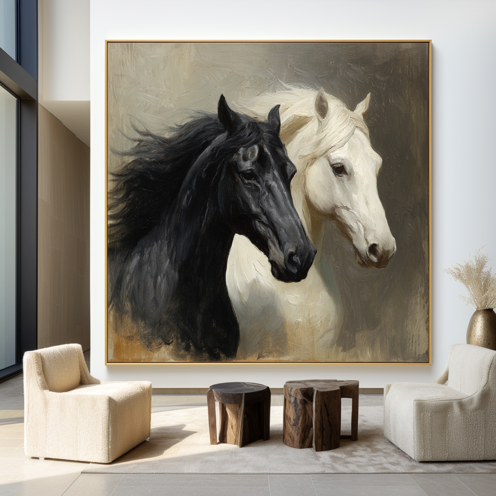 Quiet Companions - Black and White Horse Canvas Art
