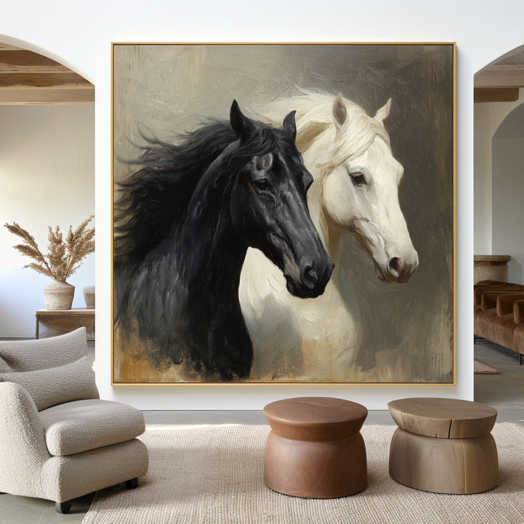 Quiet Companions - Black and White Horse Canvas Art