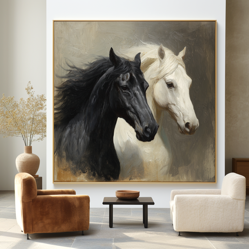 Quiet Companions - Black and White Horse Canvas Art