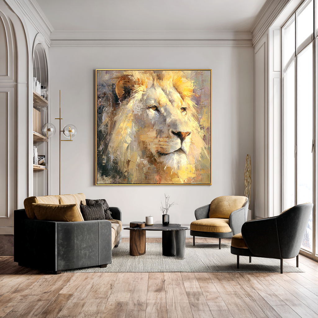Regal Stillness — Lion Oil Painting, Hand-Painted Lion Wall Art for Living Room Décor