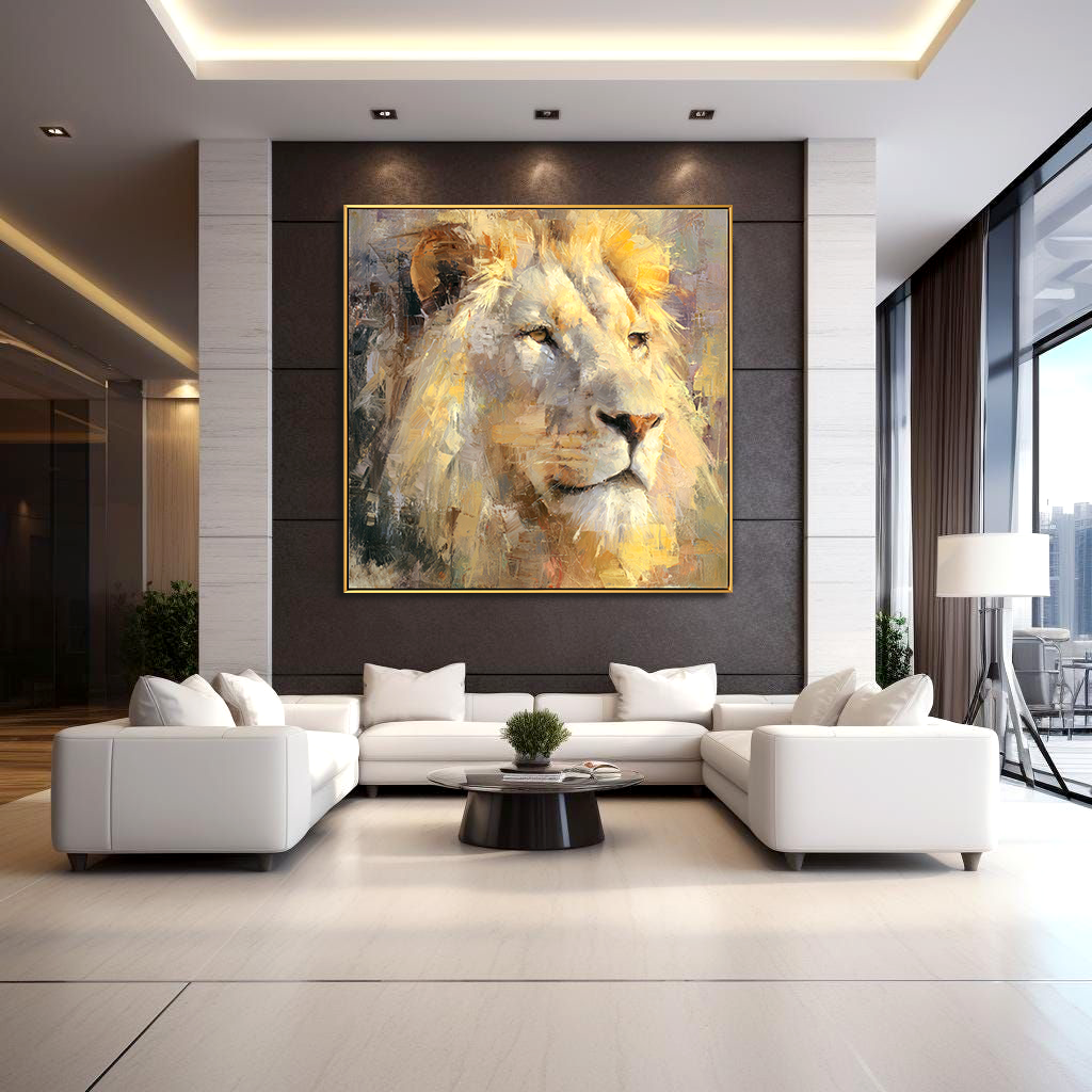 Regal Stillness — Lion Oil Painting, Hand-Painted Lion Wall Art for Living Room Décor