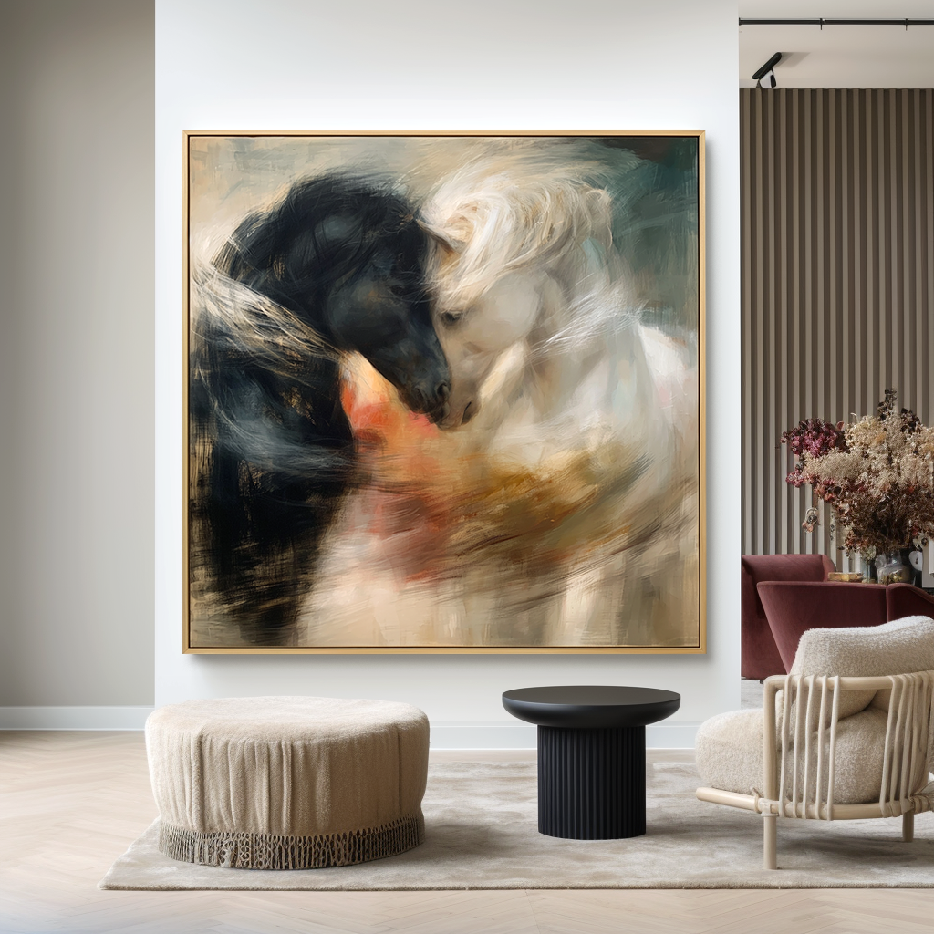 Silent Bond - Black and White Horse Canvas Art