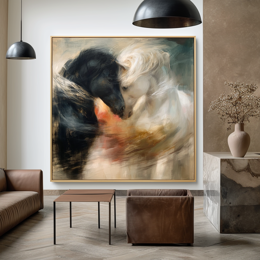 Silent Bond - Black and White Horse Canvas Art