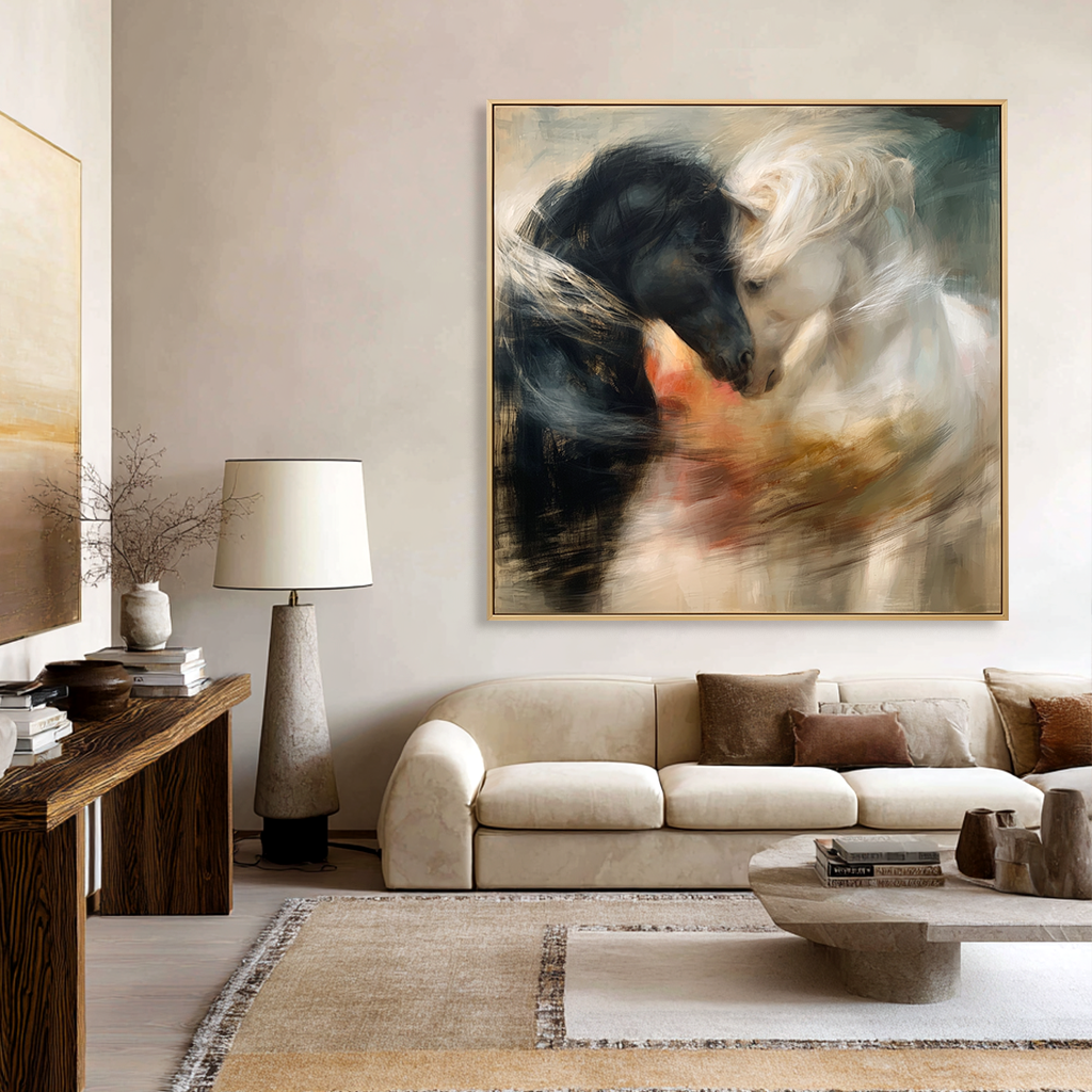 Silent Bond - Black and White Horse Canvas Art