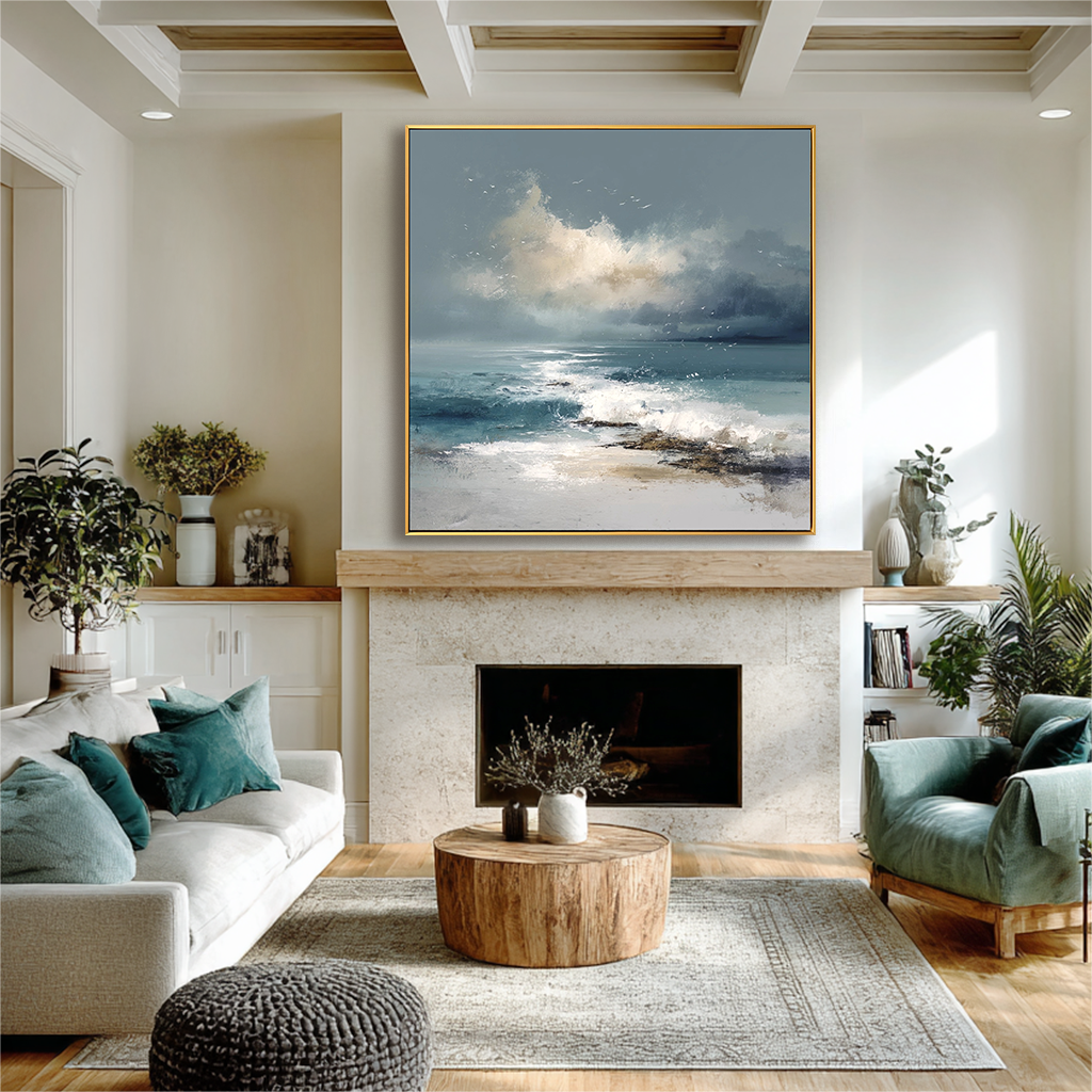 Whispering Tides — Coastal Ocean Wave Oil Painting, Seascape Wall Art for Modern Home Décor