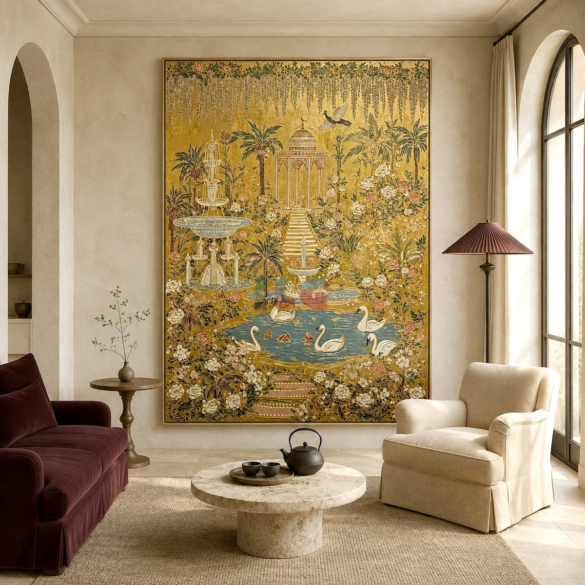 Golden Swan Palace Garden – Ornate Botanical Wall Art