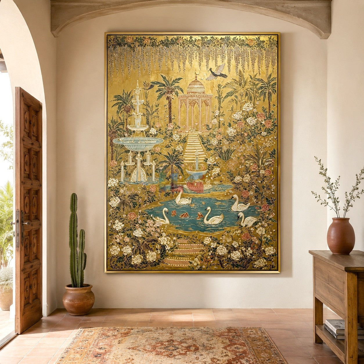 Golden Swan Palace Garden – Ornate Botanical Wall Art