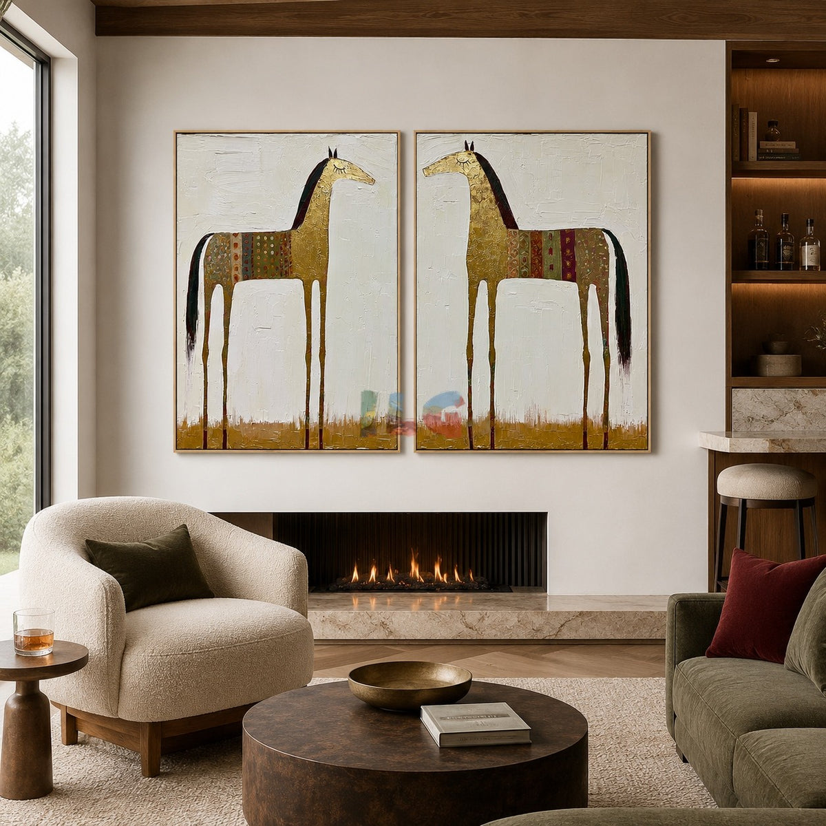 Golden Twin Horses – Western Folk Wall Art Set