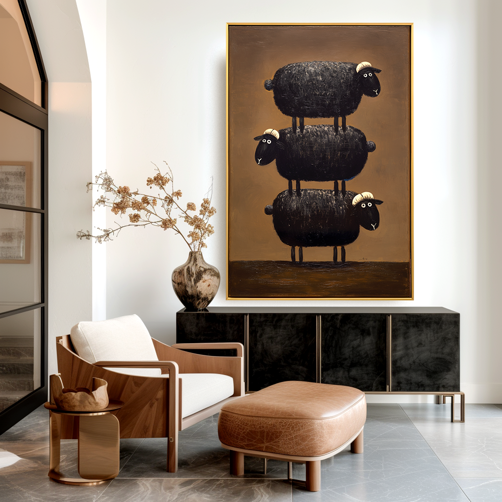 Hand-Painted Black Sheep Wall Art – Stacked Minimalist Animal Canvas for Modern Home Decor