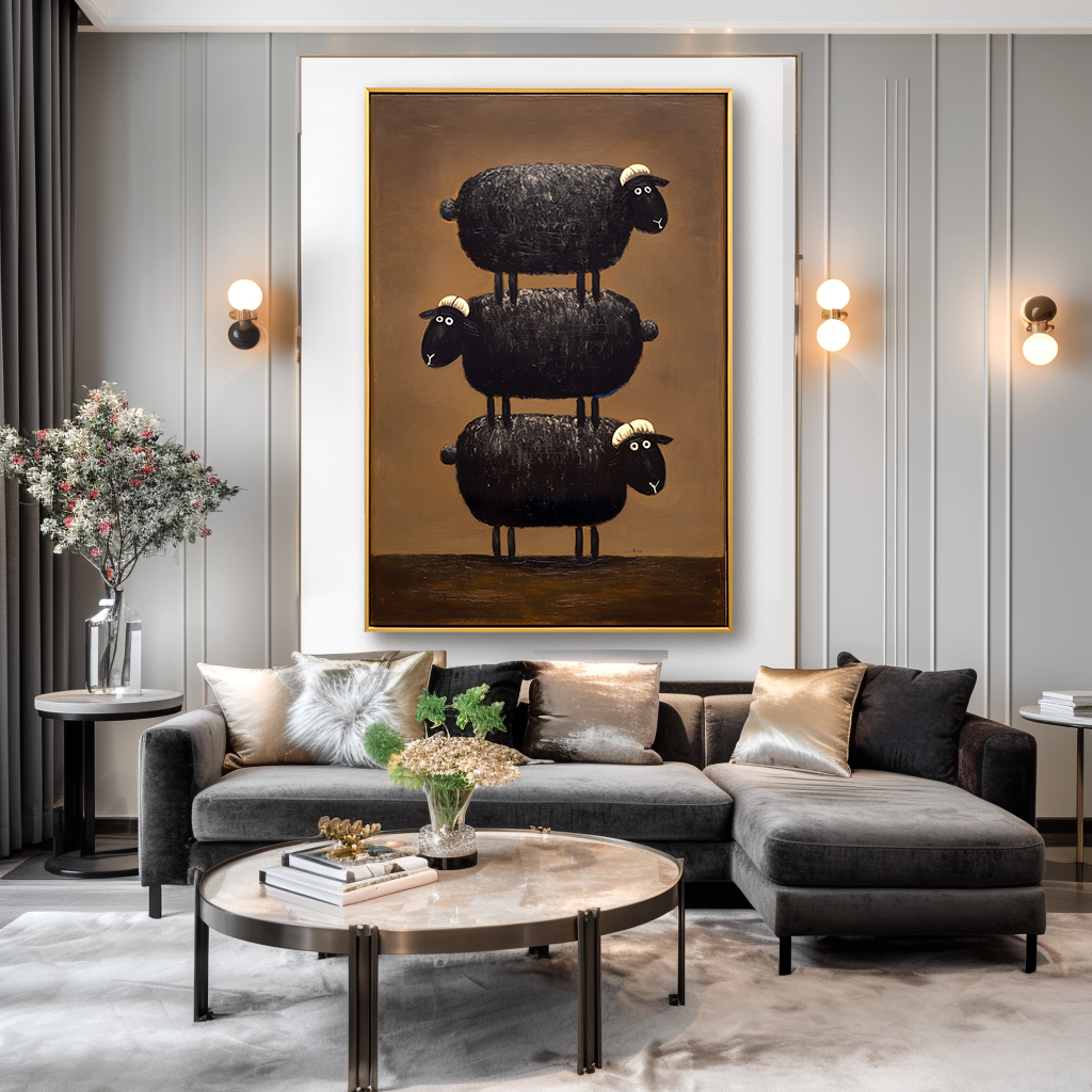Hand-Painted Black Sheep Wall Art – Stacked Minimalist Animal Canvas for Modern Home Decor
