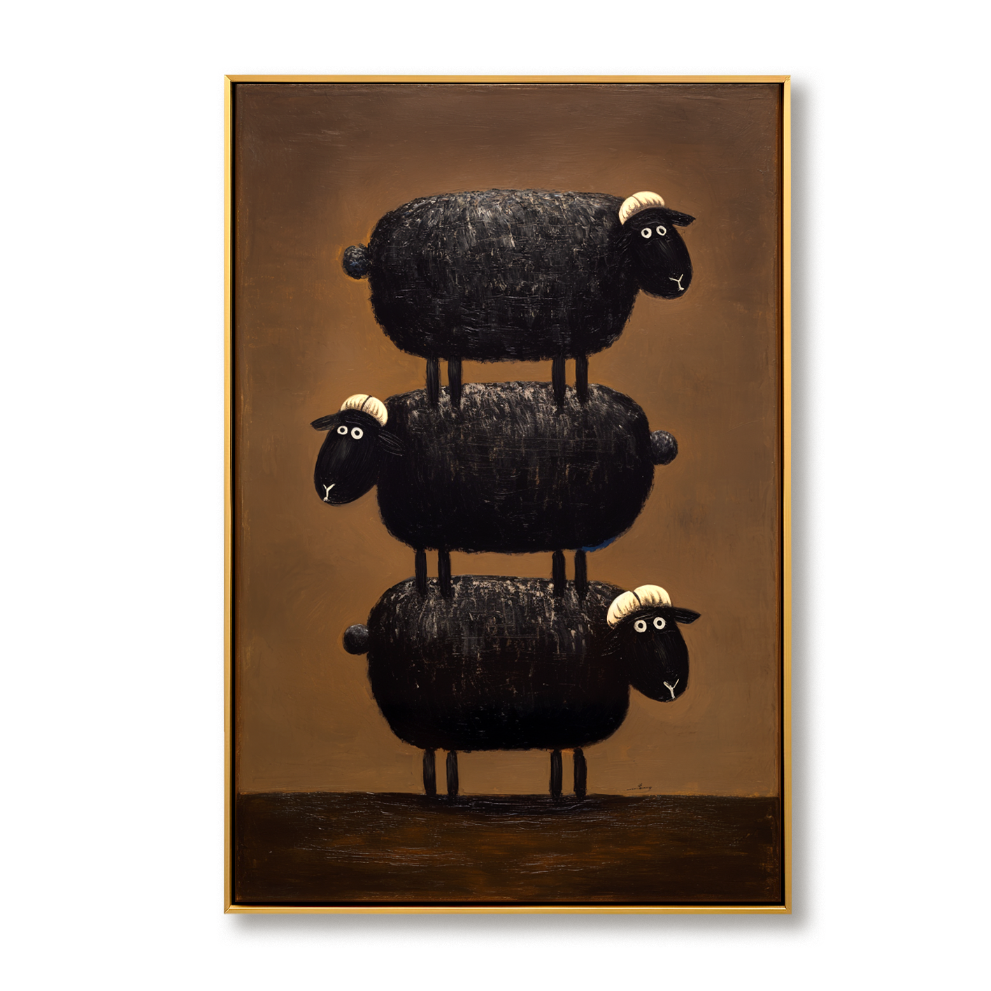 Hand-Painted Black Sheep Wall Art – Stacked Minimalist Animal Canvas for Modern Home Decor