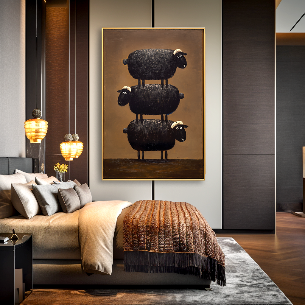 Hand-Painted Black Sheep Wall Art – Stacked Minimalist Animal Canvas for Modern Home Decor