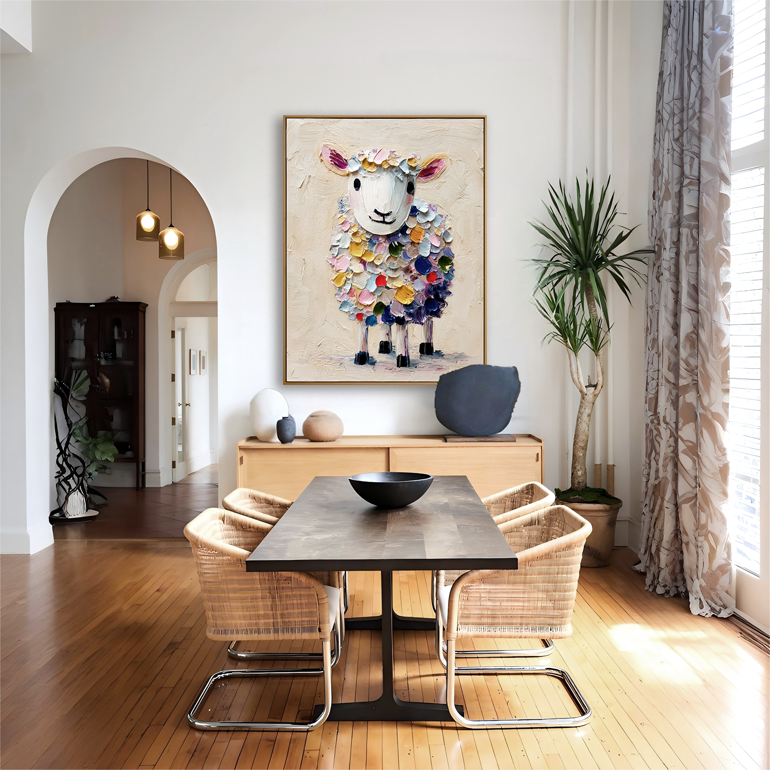 Hand-Painted Colorful Sheep Wall Art – Textured Animal Canvas Painting for Modern Homes