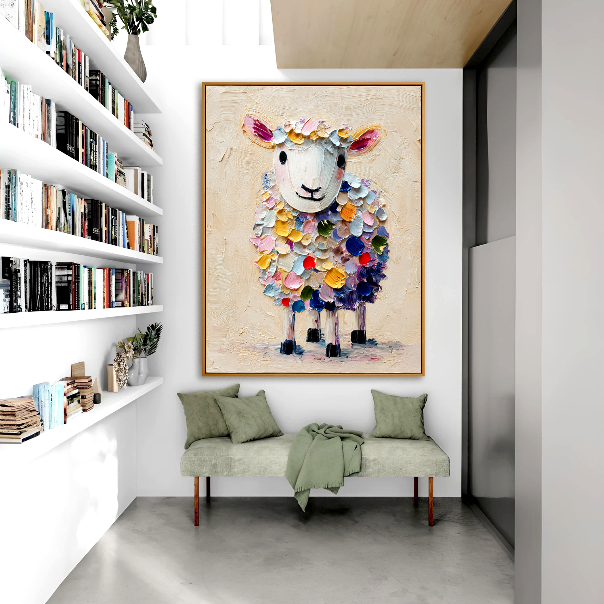 Hand-Painted Colorful Sheep Wall Art, Textured Animal Canvas