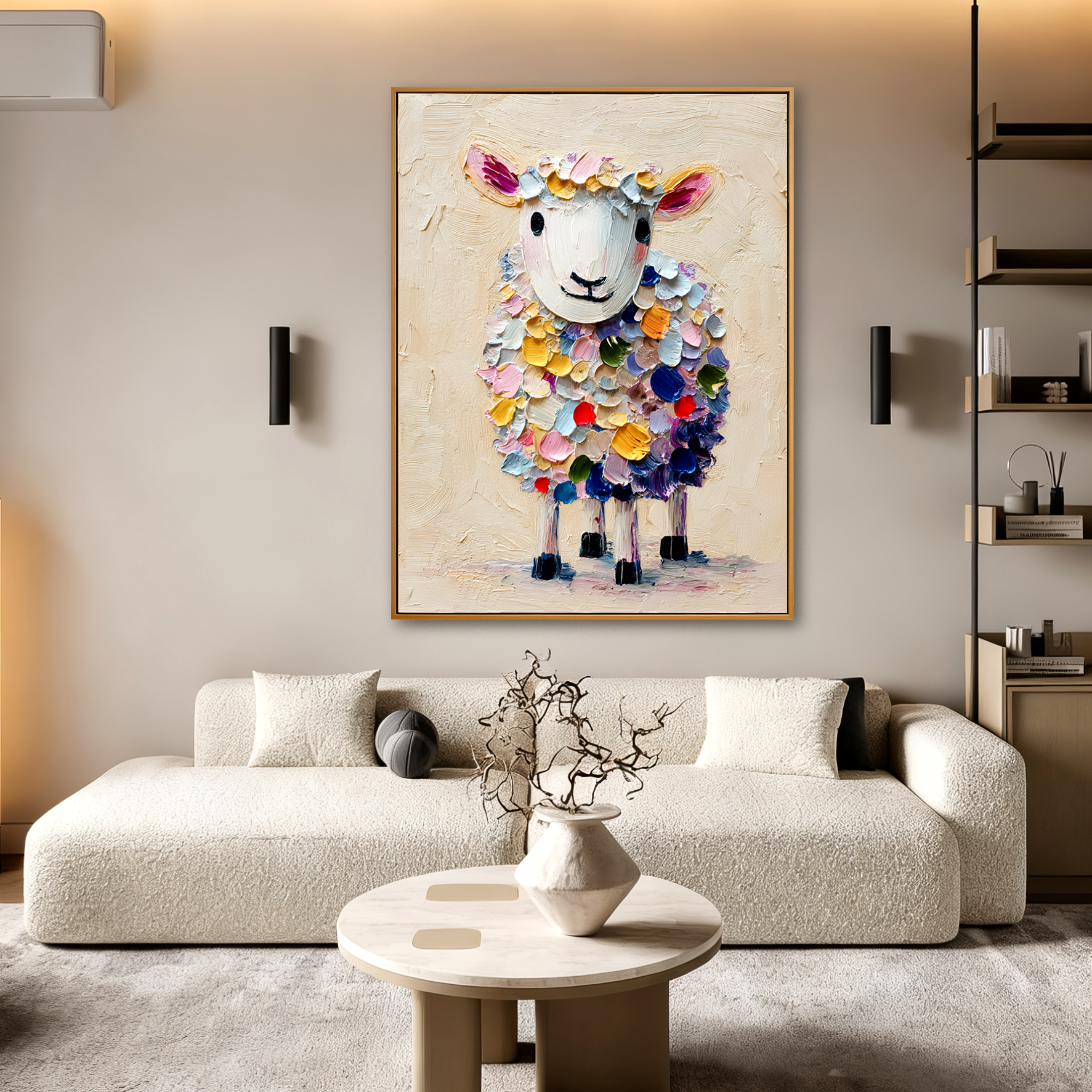 Hand-Painted Colorful Sheep Wall Art – Textured Animal Canvas Painting for Modern Homes