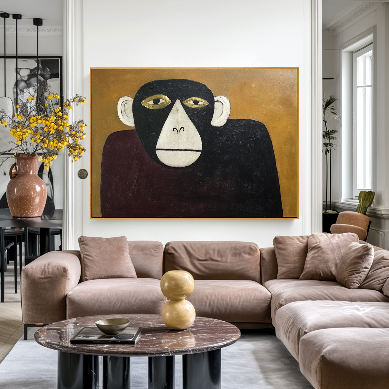 Hand-Painted Monkey Wall Art, Minimalist Animal Canvas Painting for Modern Home Decor