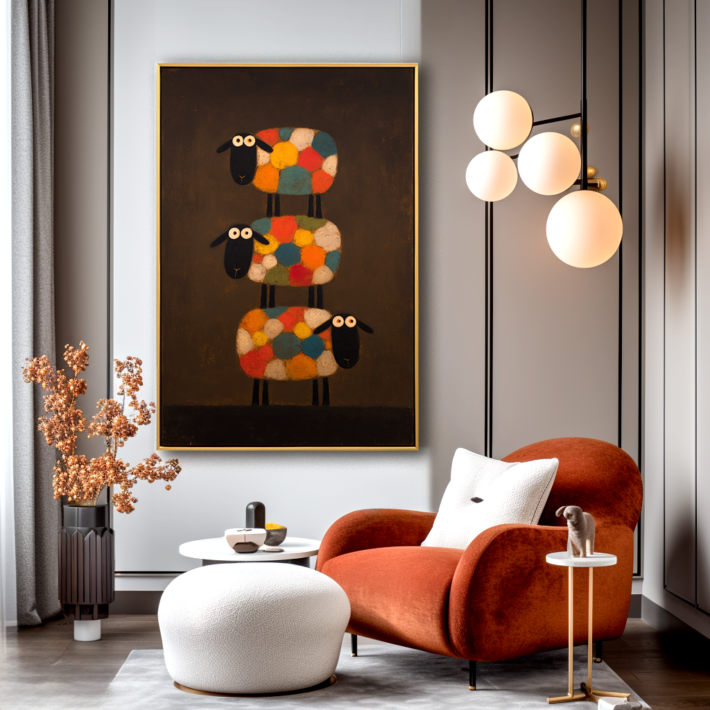 Hand-Painted Stacked Sheep Wall Art – Minimalist Animal Canvas Painting for Modern Home Decor