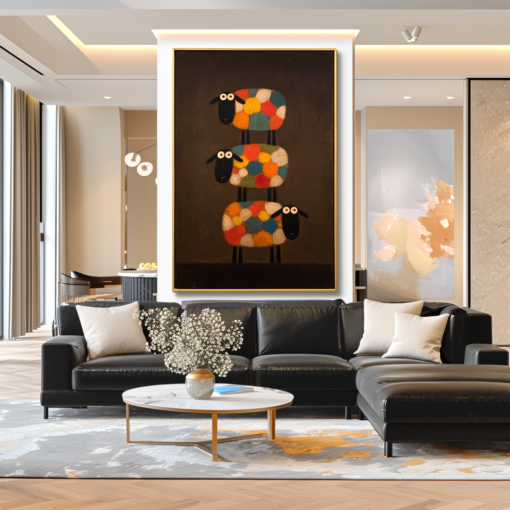 Hand-Painted Stacked Sheep Wall Art – Minimalist Animal Canvas Painting for Modern Home Decor