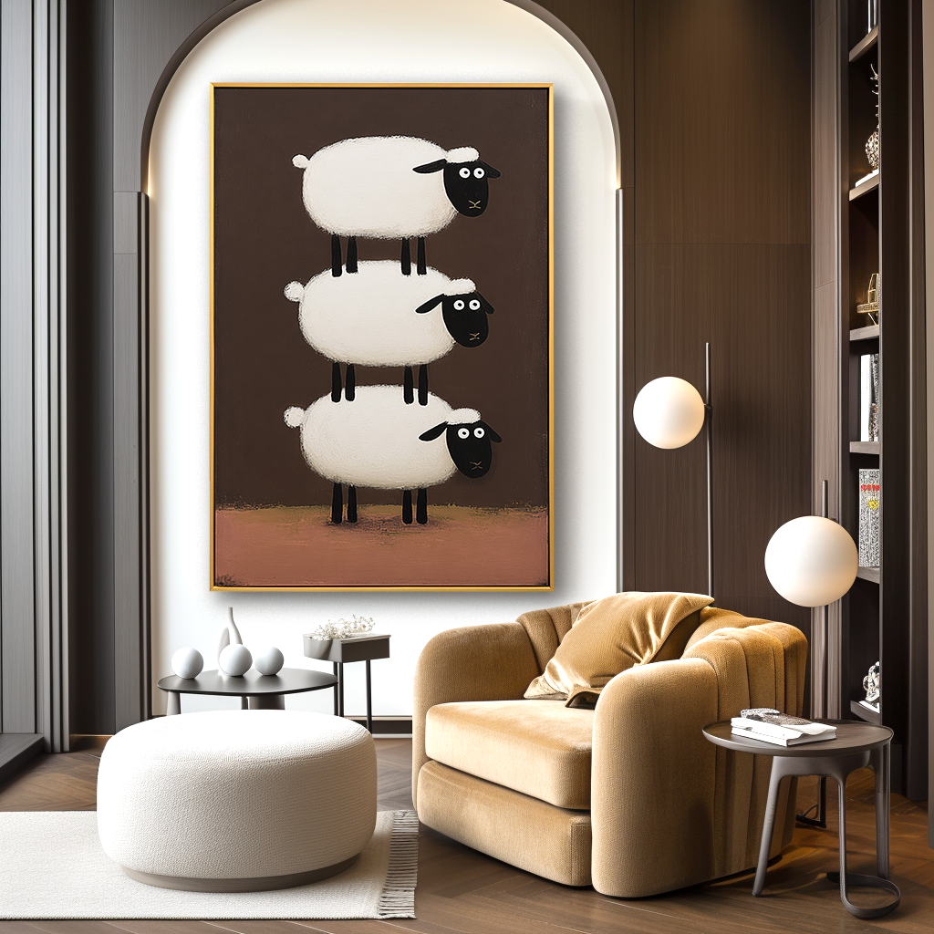 Hand-Painted White Sheep Wall Art – Stacked Minimalist Animal Canvas for Modern Interiors