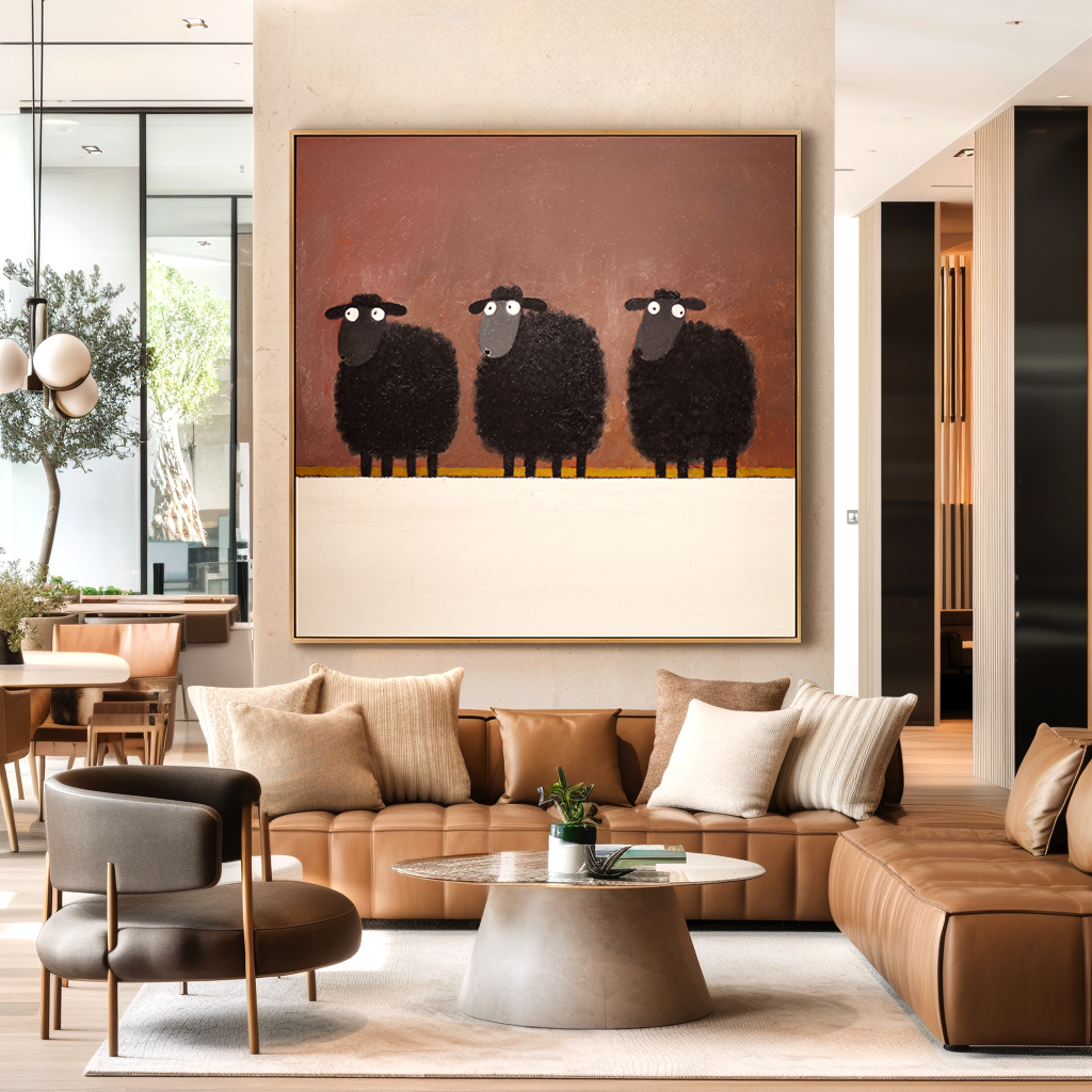 Three Watchers — Playful Minimal Animal Oil Painting for Modern Wall Art