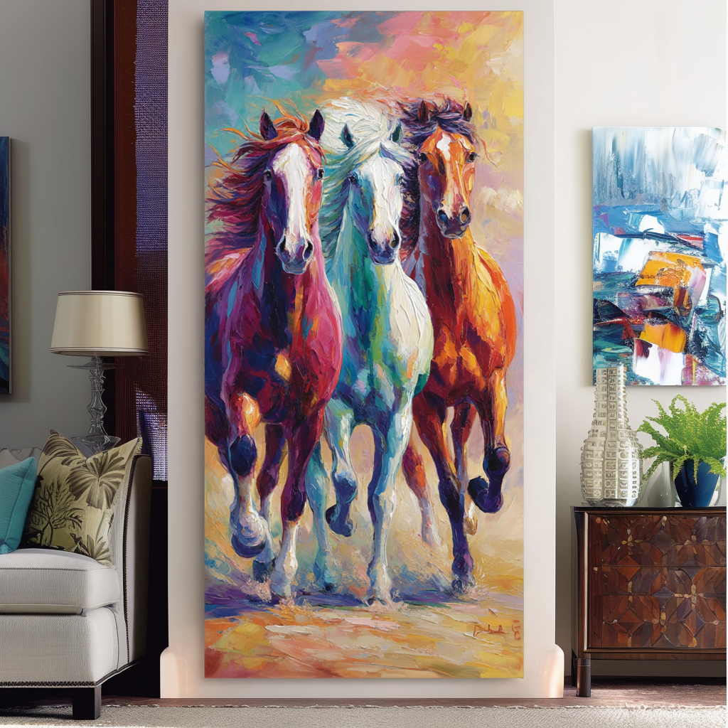 Vertical Abstract Horse Wall Art – Colorful Galloping Horse Canvas