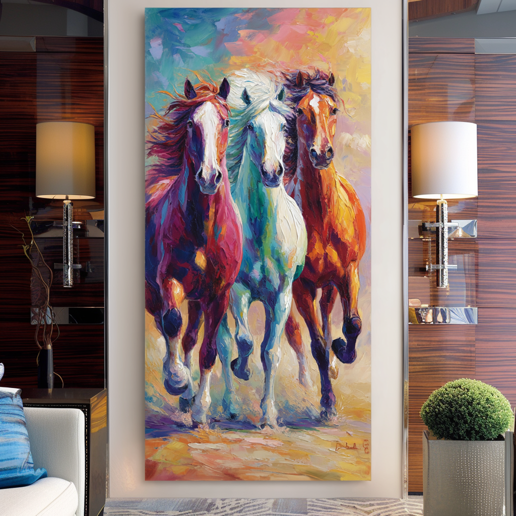 Vertical Abstract Horse Wall Art – Colorful Galloping Horse Canvas