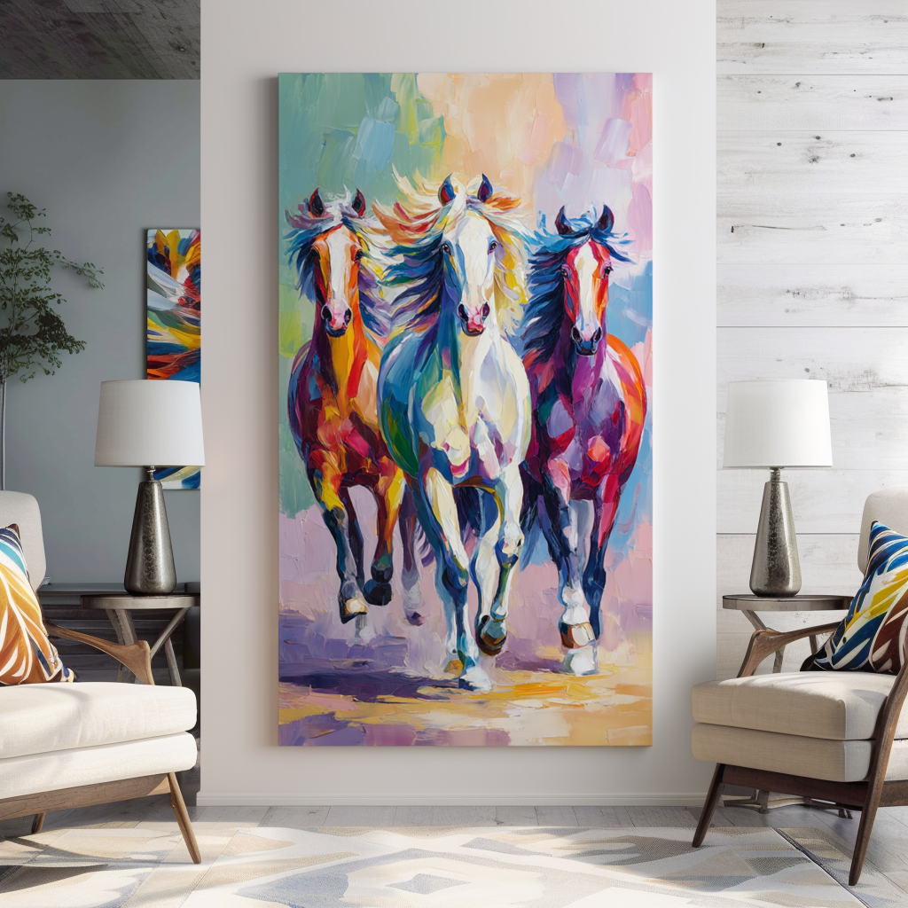 Vertical Colorful Horse Painting – Abstract Running Horse Wall Art