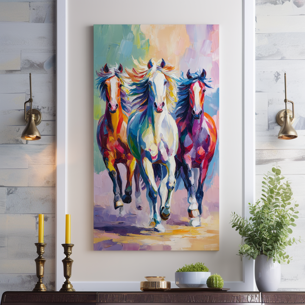 Vertical Colorful Horse Painting – Abstract Running Horse Wall Art
