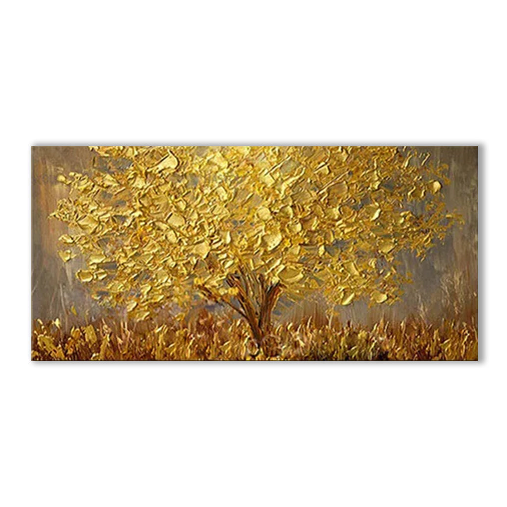 Golden Tree Textured Oil Painting – Horizontal Abstract Wall Art for ...