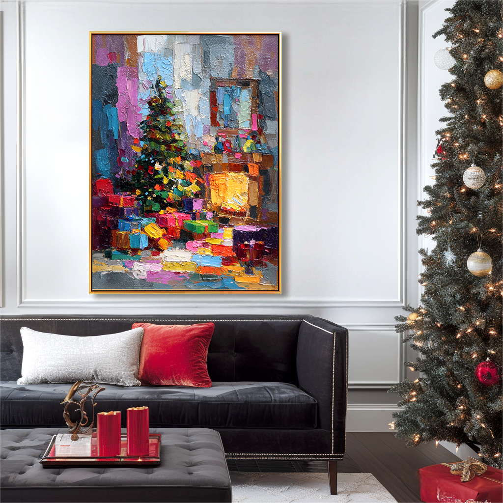 Cozy Eve – Textured Christmas Fireplace and Tree Oil Painting