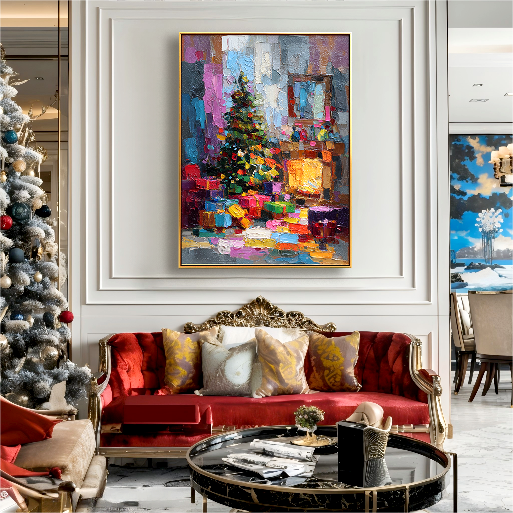 Cozy Eve – Textured Christmas Fireplace and Tree Oil Painting