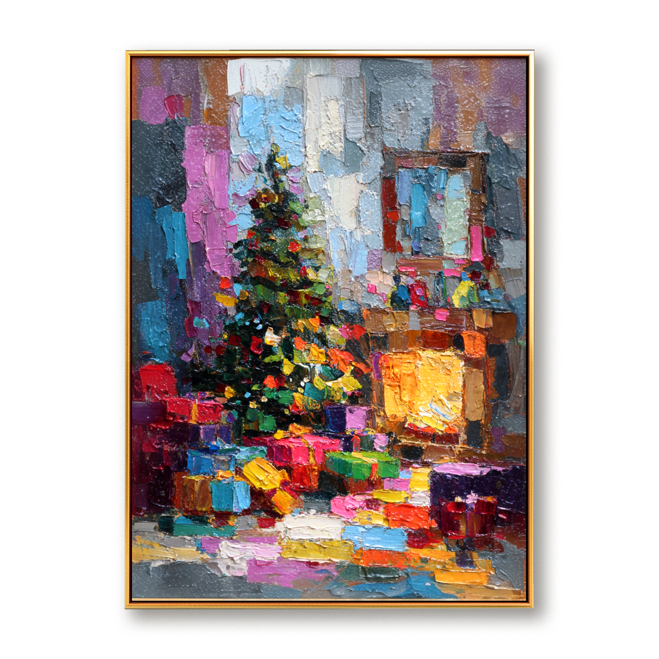 Cozy Eve – Textured Christmas Fireplace and Tree Oil Painting