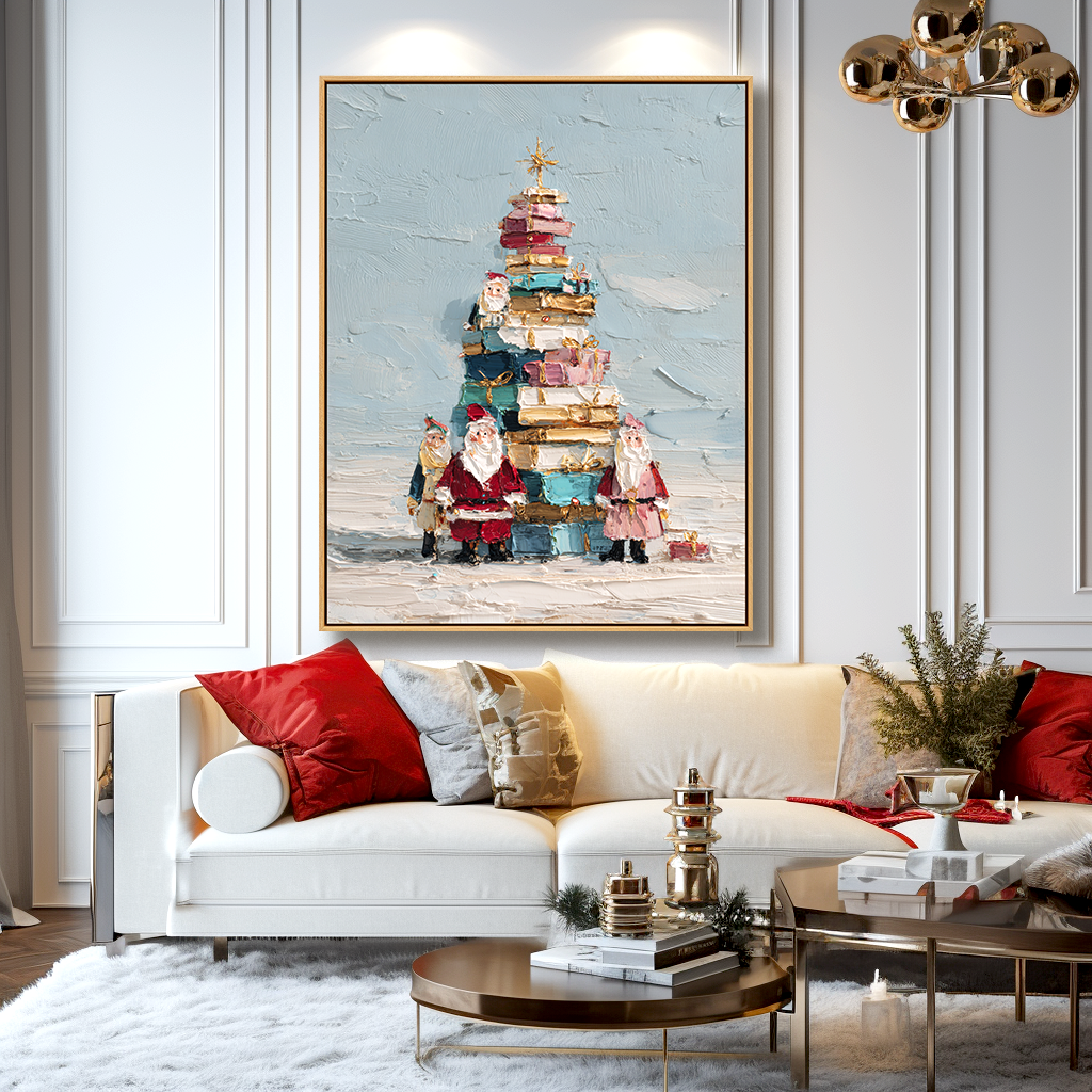 Gift Tower Santas – Textured Christmas Palette Knife Painting