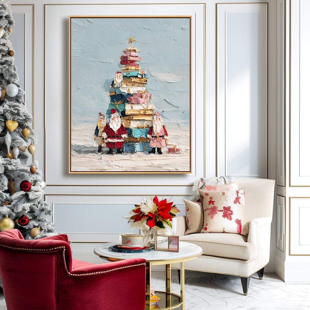 Gift Tower Santas – Textured Christmas Palette Knife Painting