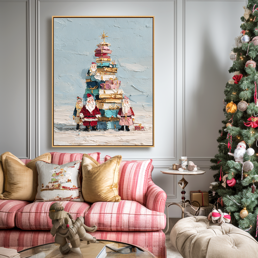 Gift Tower Santas – Textured Christmas Palette Knife Painting