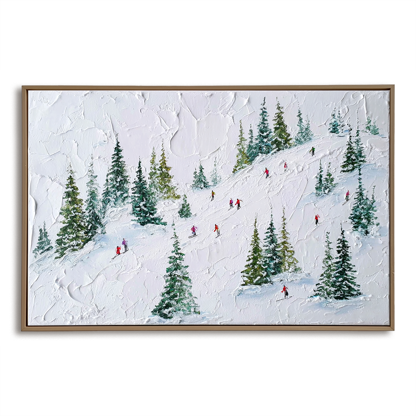 Glide Through Pines - Skiing Oil Painting on Textured Canvas, Winter Snow Landscape Wall Art