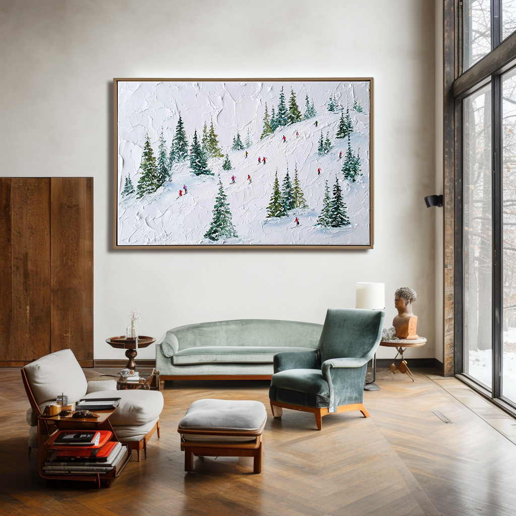Glide Through Pines - Skiing Oil Painting on Textured Canvas, Winter Snow Landscape Wall Art