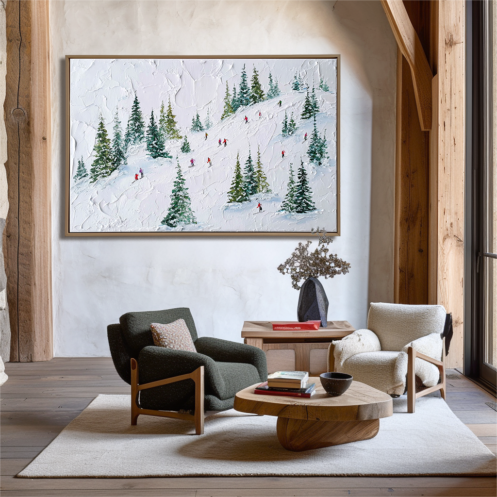 Glide Through Pines - Skiing Oil Painting on Textured Canvas, Winter Snow Landscape Wall Art