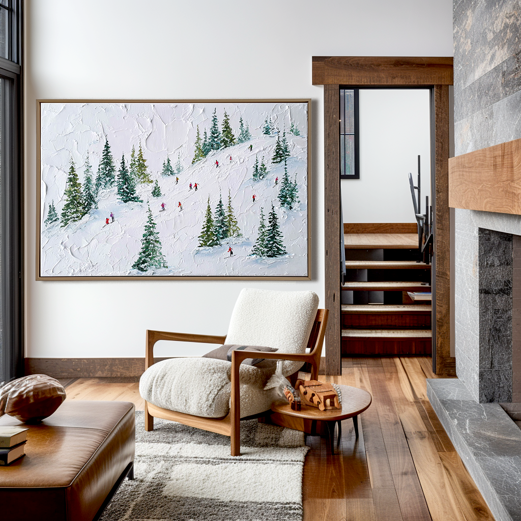 Glide Through Pines - Skiing Oil Painting on Textured Canvas, Winter Snow Landscape Wall Art