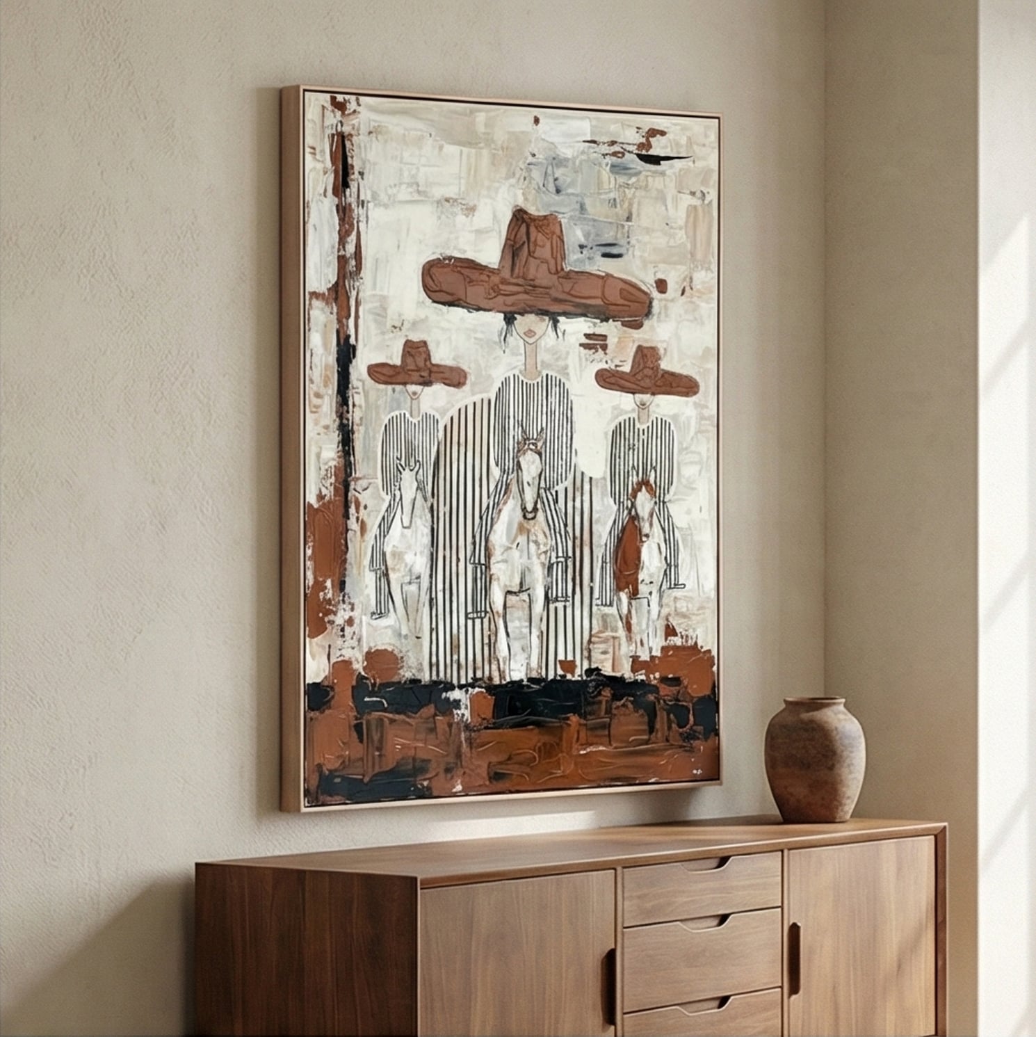 Riders of Silence – Hand-Painted 3D Abstract Horseback Figures Canvas