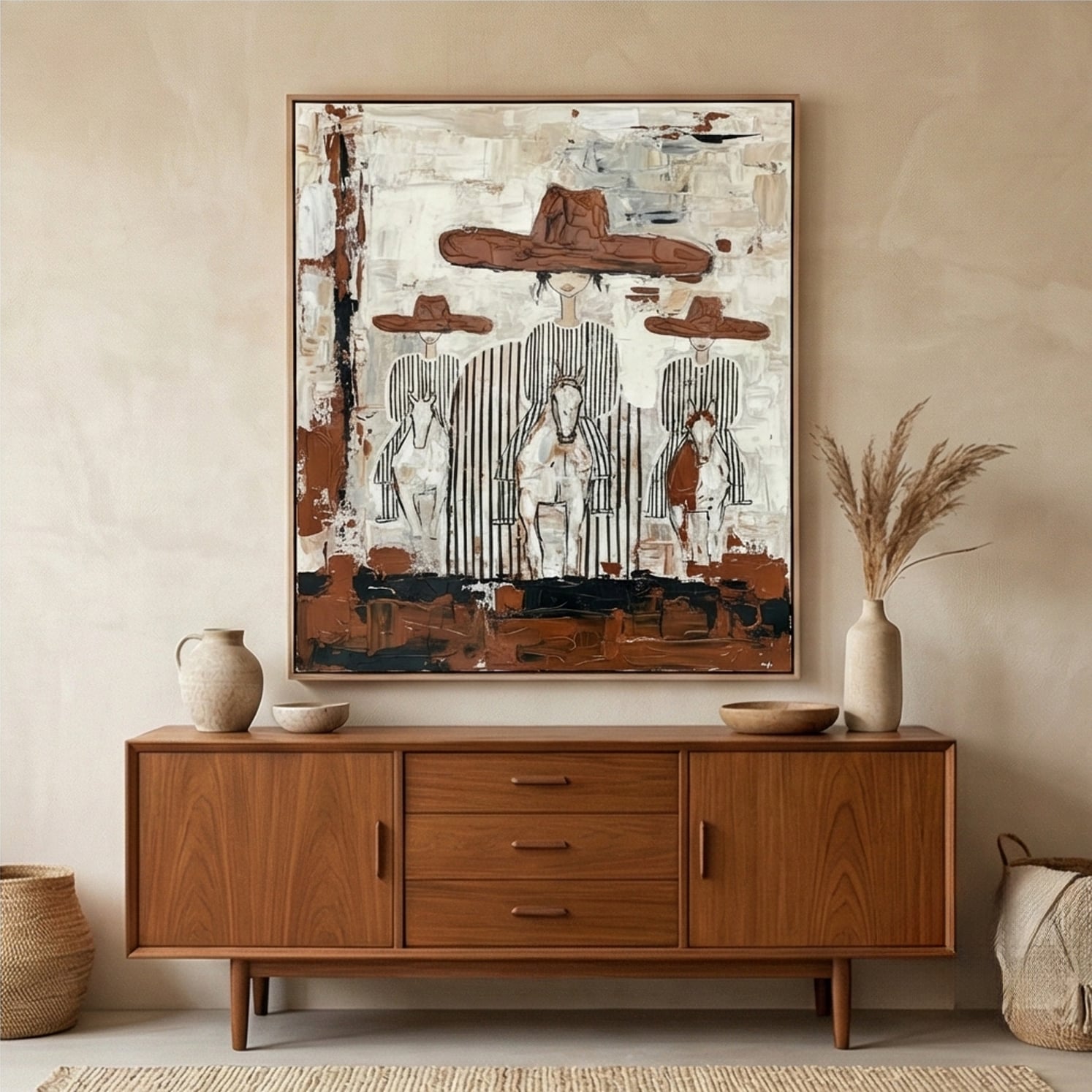 Riders of Silence – Hand-Painted 3D Abstract Horseback Figures Canvas