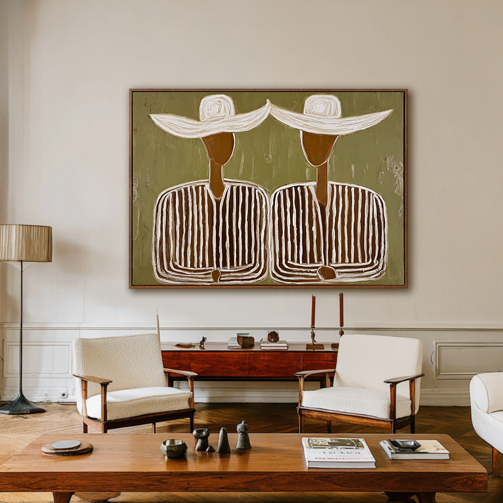 Harmonious Companions – Hand-Painted Oil Painting, Olive Green Wall Art