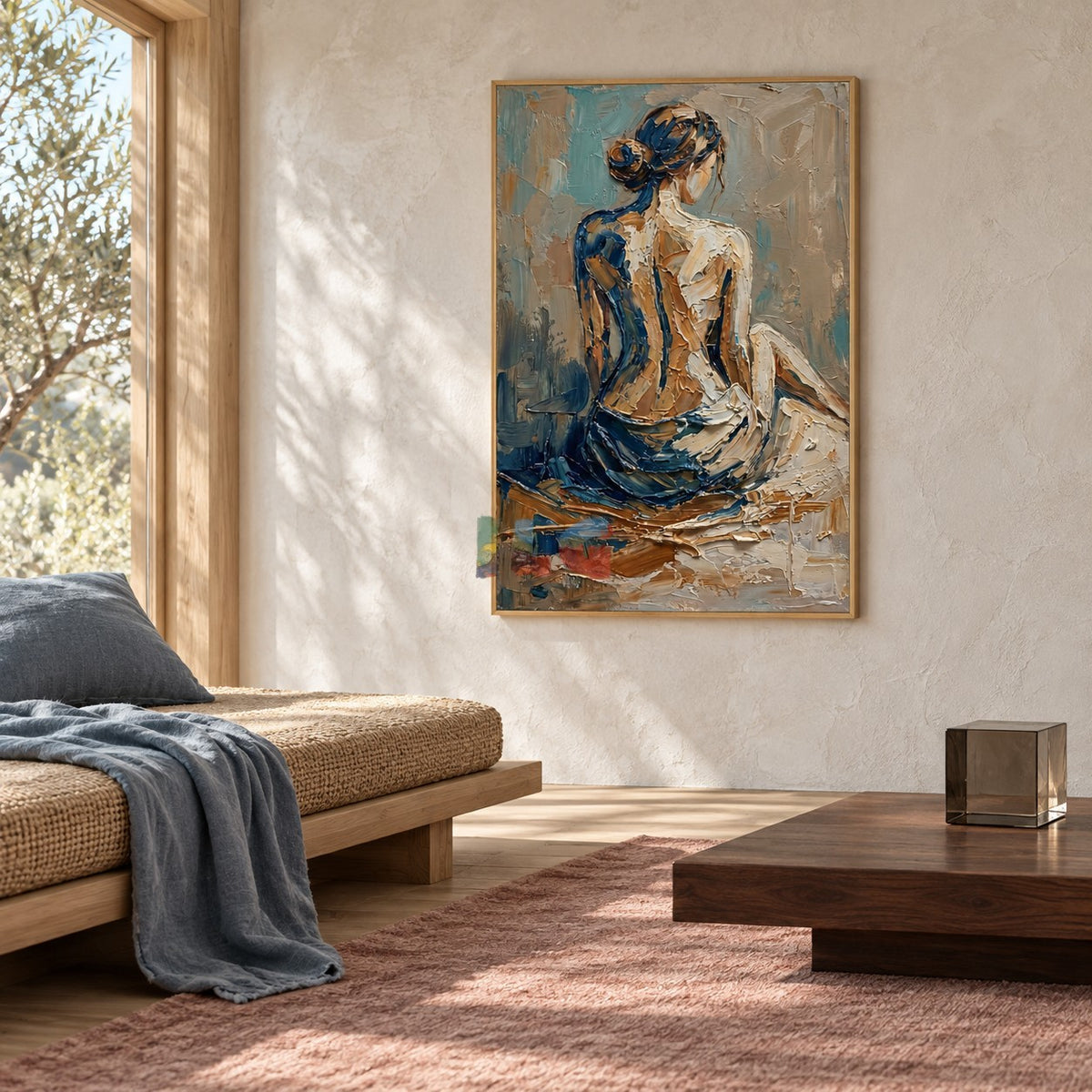 Cobalt Quietude – Textured Seated Woman Wall Art