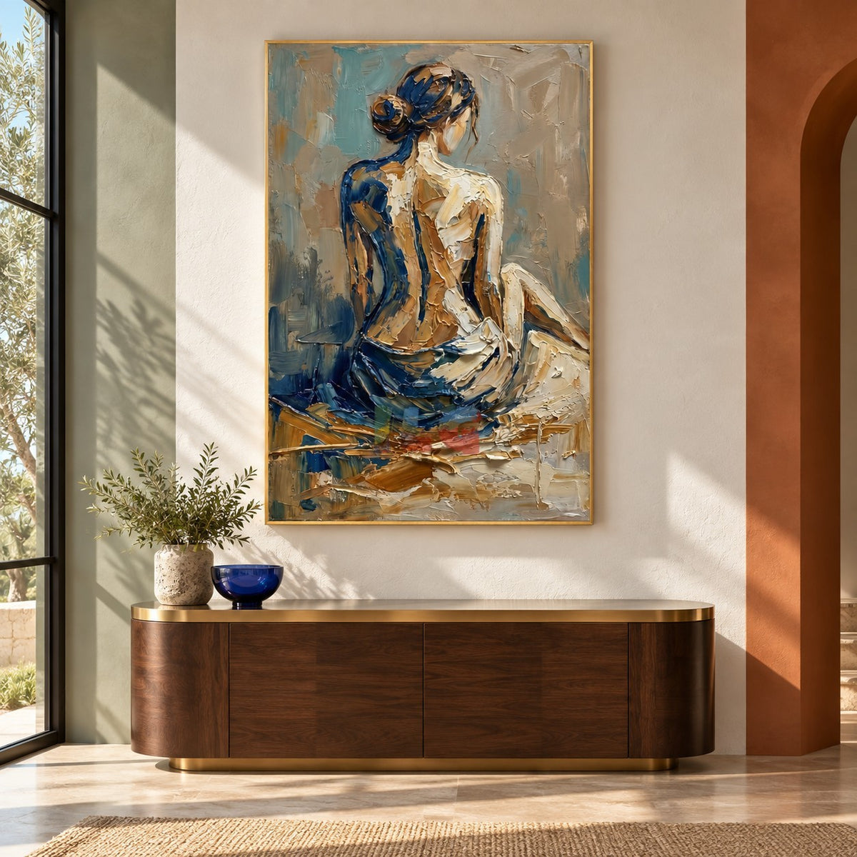 Cobalt Quietude – Textured Seated Woman Wall Art