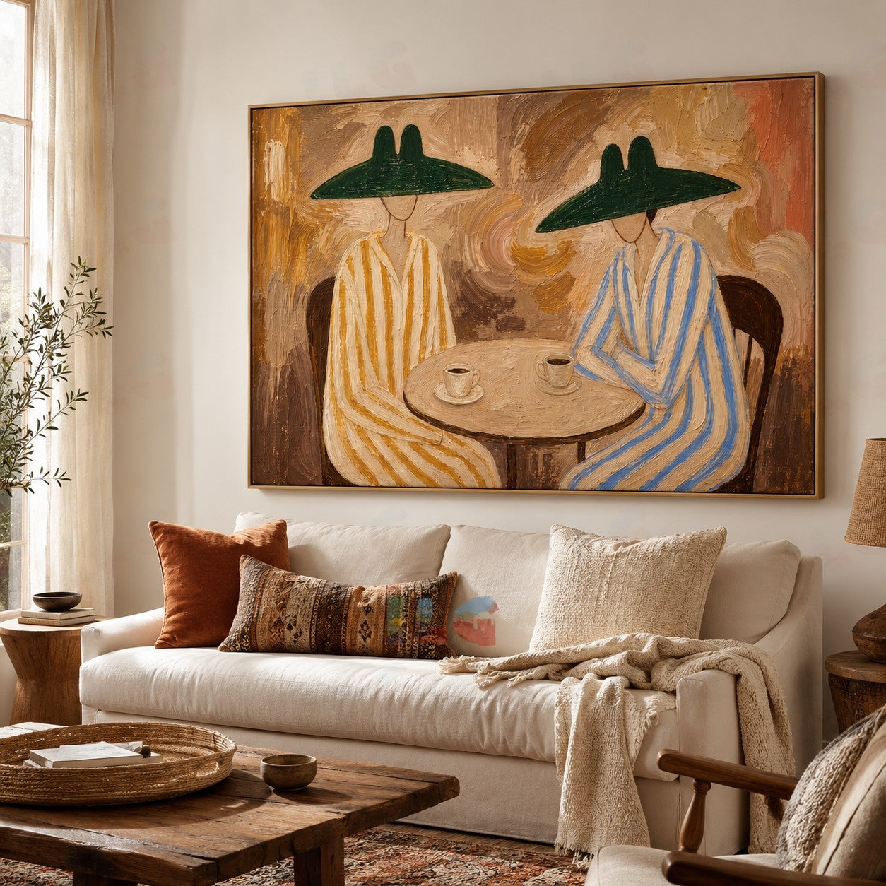 Forest Café Moments – Two Figures in Green Hat Harmony