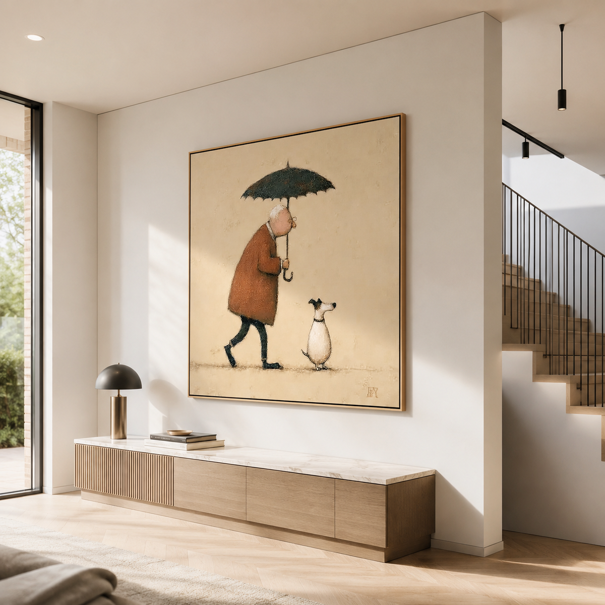 Gentle Rain Companion – Minimalist Human and Dog Wall Art