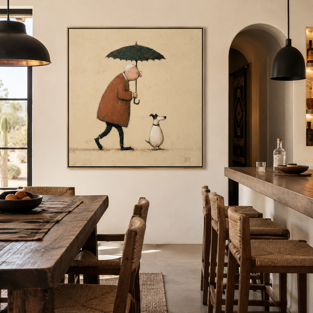 Gentle Rain Companion – Minimalist Human and Dog Wall Art