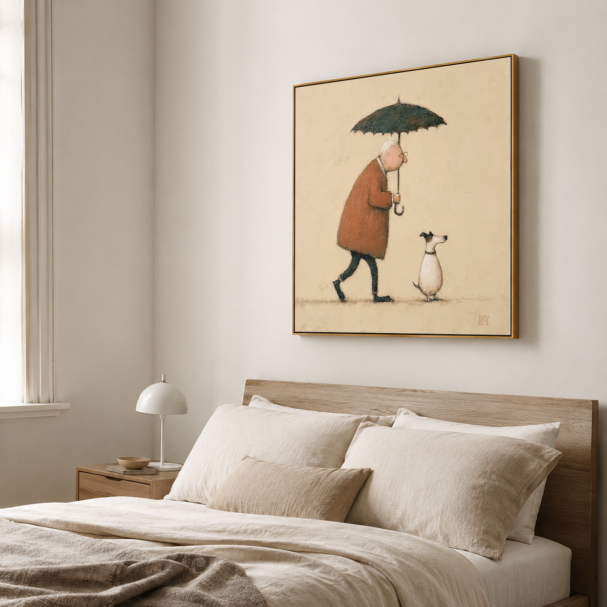Gentle Rain Companion – Minimalist Human and Dog Wall Art